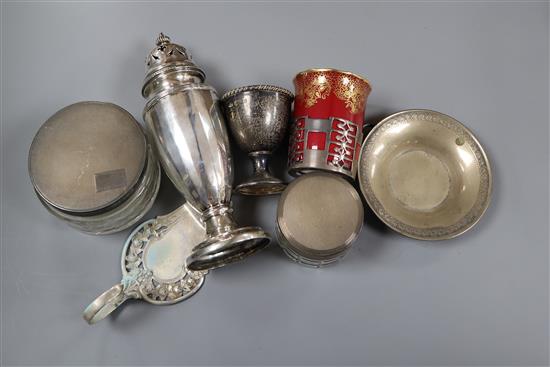 A 1920s silver sugar caster by Walker & Hall and six other items including coffee can holder, toilet jars etc.